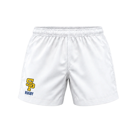 St. Paul's white rugby shorts — logo on wearer's right leg