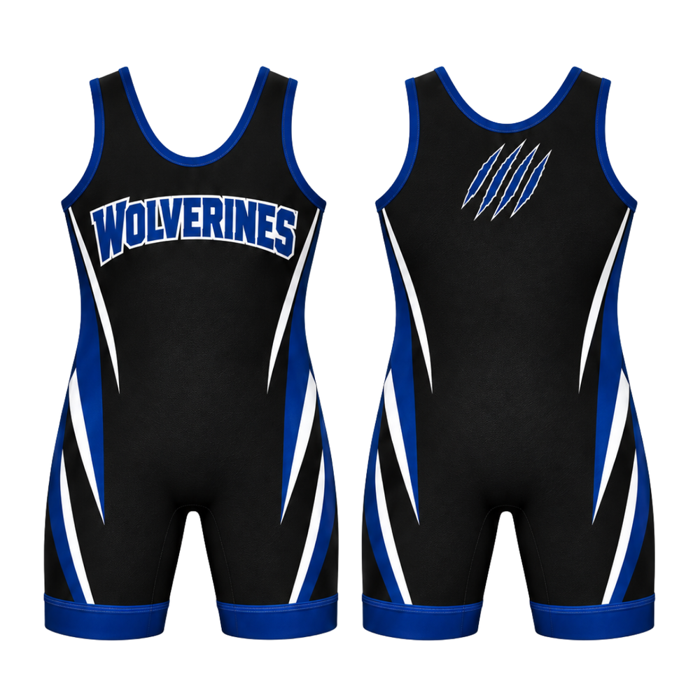 Black West Potomac wrestling singlet, front and back