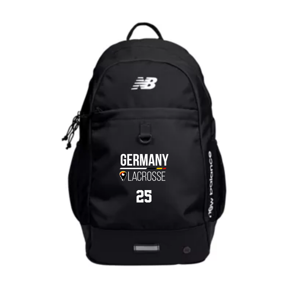 Black New Balance Activate Backpack with German Heritage Lacrosse logo and player number