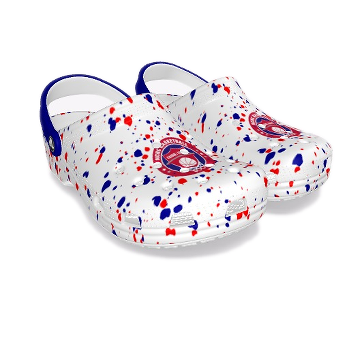 NCRC Basketball white custom Crocs with red and blue splatter and blue straps