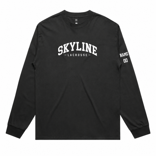 Adult Skyline Spartans Lacrosse AS Colour Heavy Faded LS Tee - Personalized - Faded Black front with personalized left-sleeve name and number