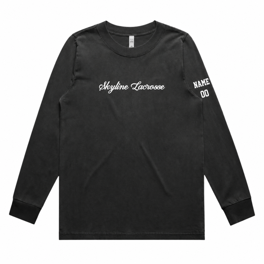 Women's Skyline Spartans Lacrosse AS Colour Heavy Faded L/S Tee - Personalized - Faded Black front with personalized left-sleeve name and number
