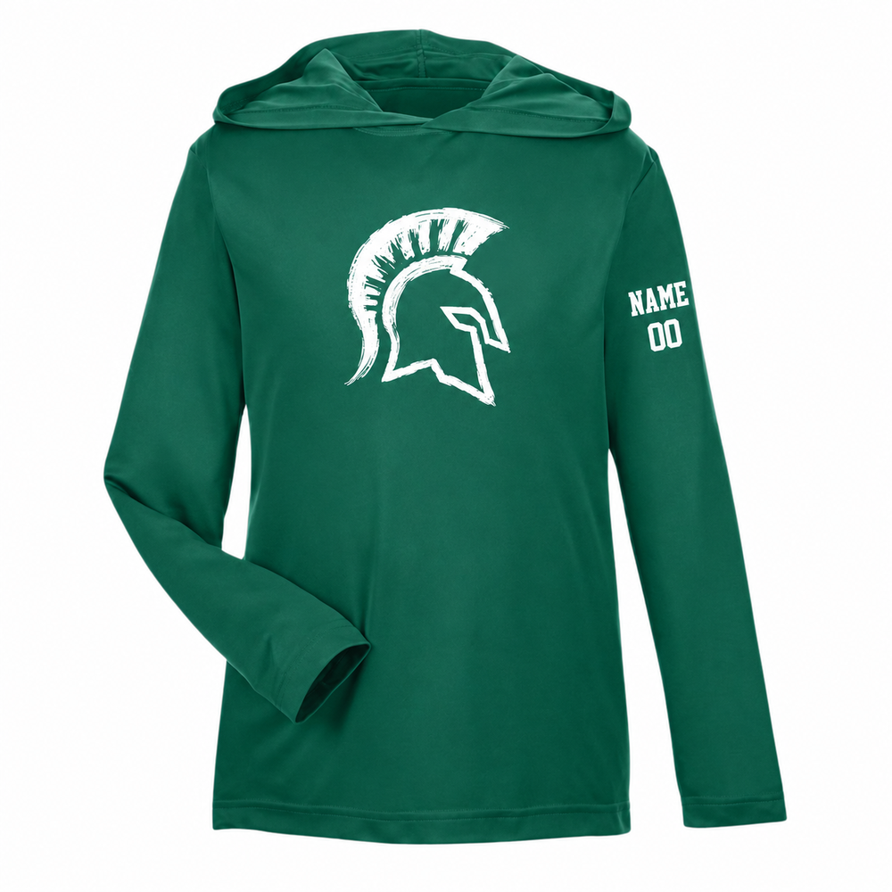 Youth Skyline Spartans Lacrosse Team 365 Zone Performance Hooded T-Shirt - Personalized - Sport Forest front with personalized left-sleeve name and number
