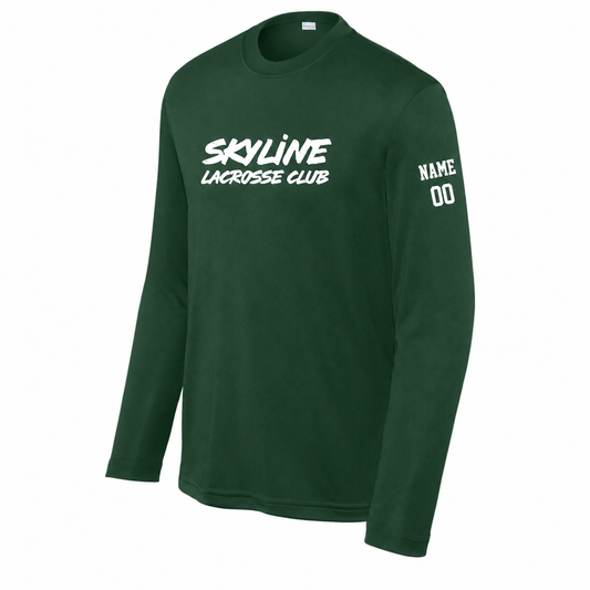 Youth Spartans Lacrosse Sport-Tek Long Sleeve Competitor Tee - Personalized - Forest Green front with personalized left-sleeve name and number