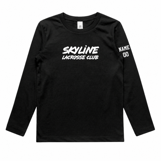 Youth Skyline Spartans Lacrosse AS Colour Staple L/S Tee - Personalized - Black front with personalized left-sleeve name and number