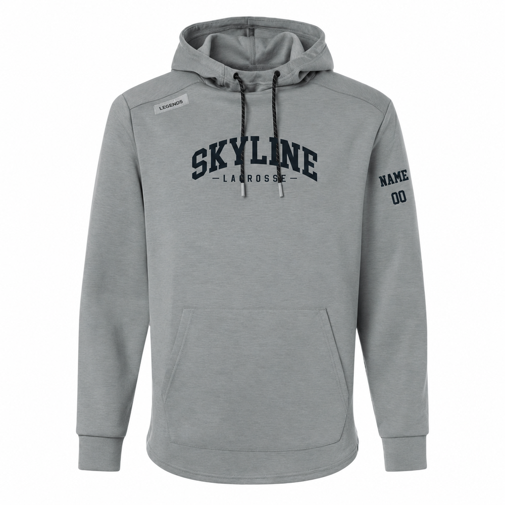 Adult Skyline Spartans Lacrosse Legends Hawthorne Tech Hoodie - Personalized - Medium Grey Heather front with personalized left-sleeve name and number