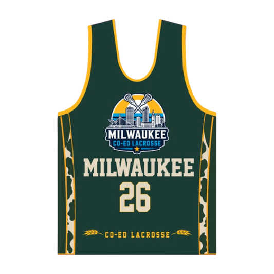 Milwaukee Coed Lacrosse Men's/Unisex Reversible Pinnie - Cream / Dark Green - dark green side front