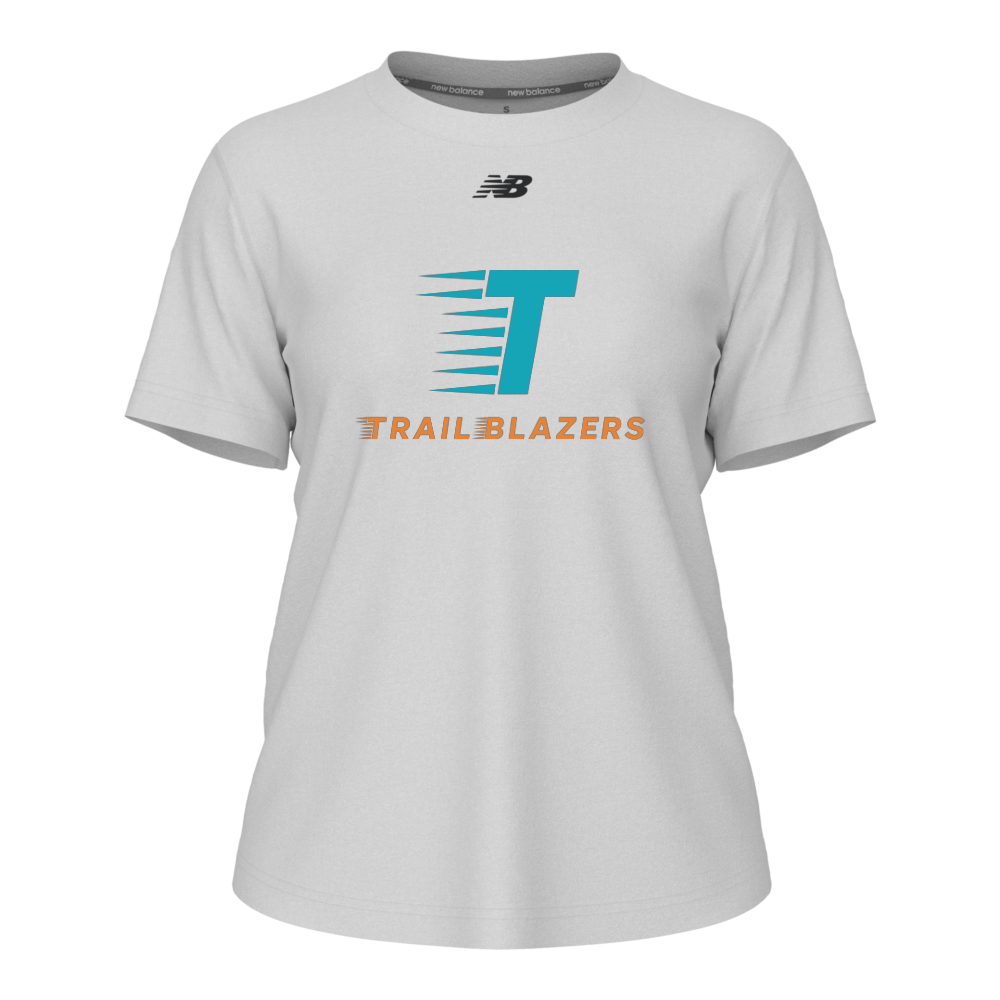 New Balance Women's Activate Tech T-Shirt in White with teal and orange Trailblazers logo
