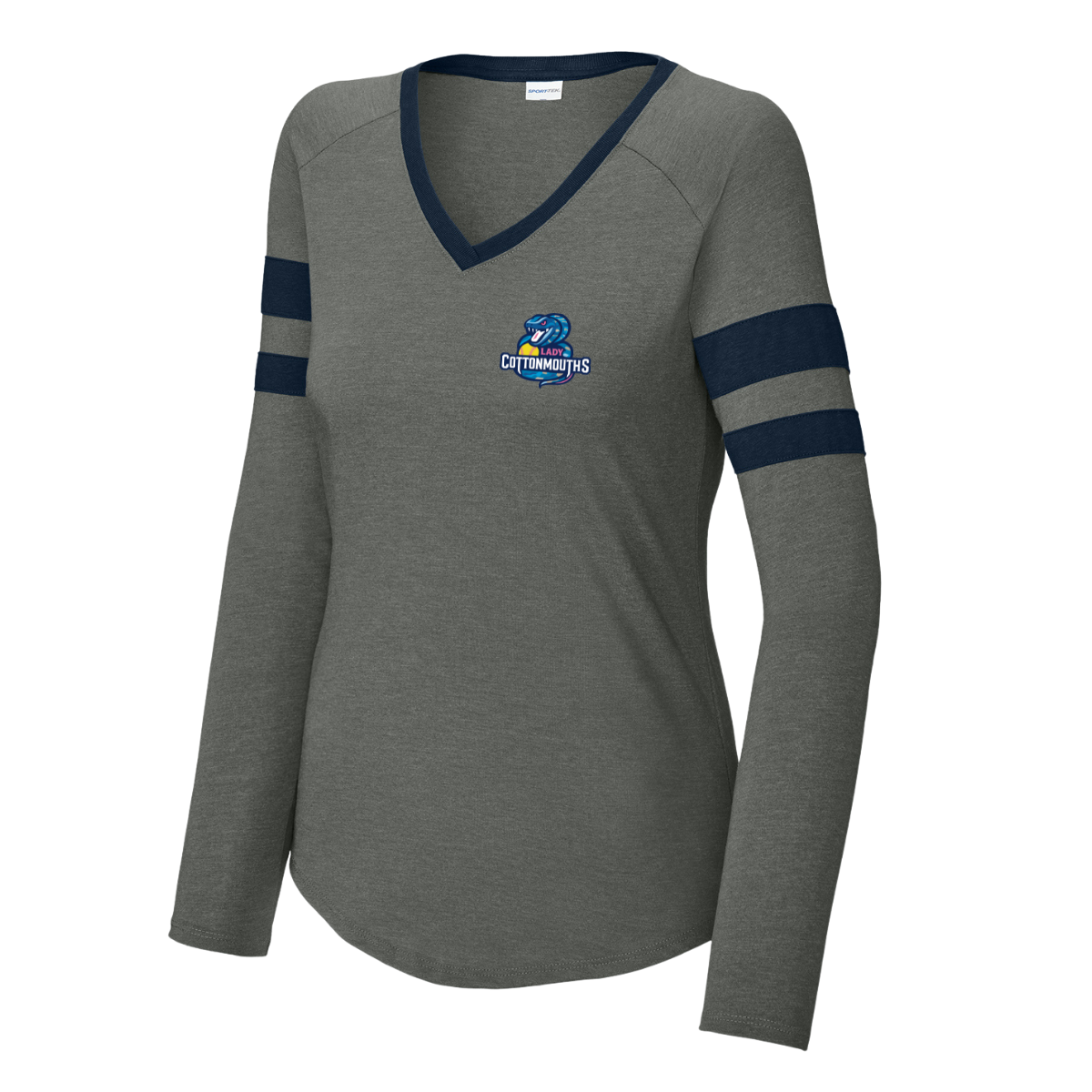 Women's Lady Cottonmouths 12U Sport-Tek Halftime Stripe V-Neck LS