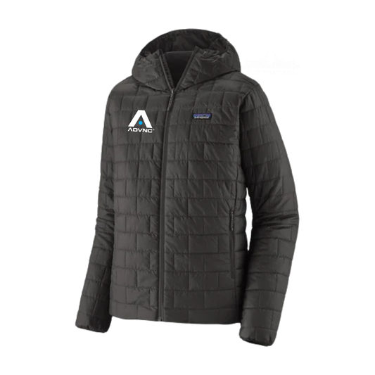 Black Patagonia Men's Nano Puff Hoody with the ADVNC logo on the left chest