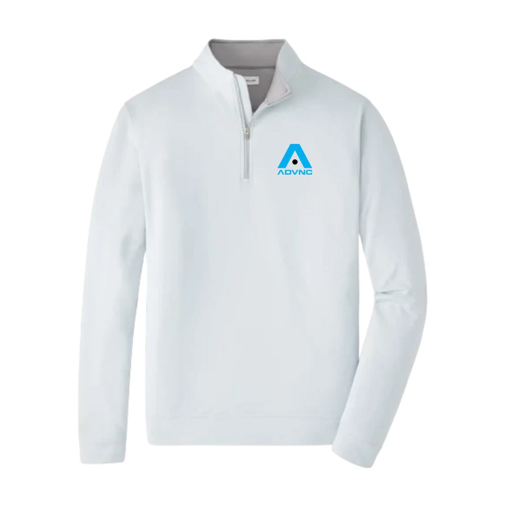 British Grey Peter Millar Men's Perth Quarter-Zip with the blue ADVNC girls logo on the left chest