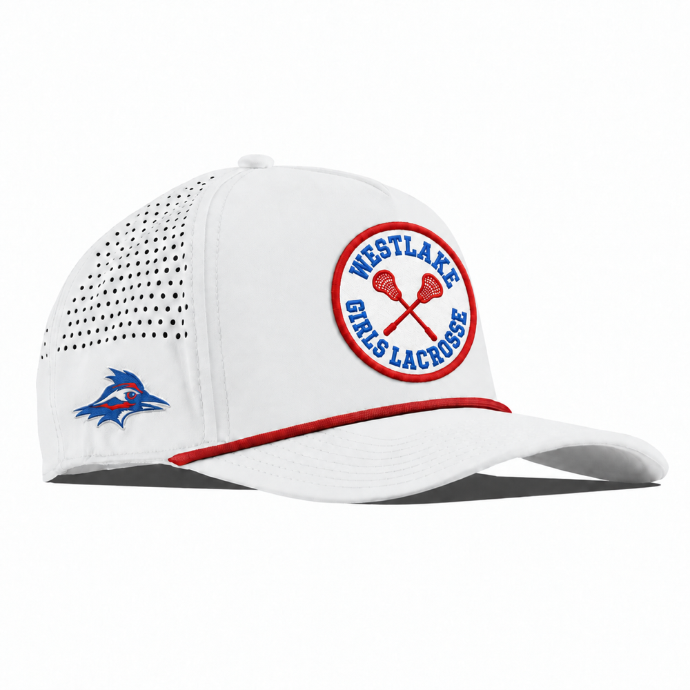 Westlake Girls Lacrosse white-red rope hat with royal-lettered circular front patch and embroidered side bird