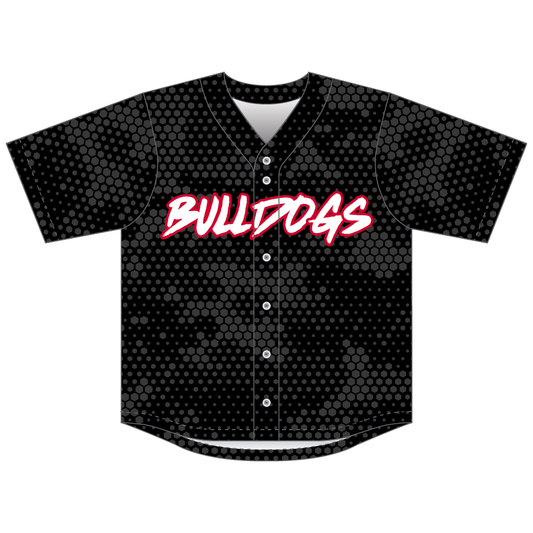 Bulldog Ball Club black full-button baseball jersey front