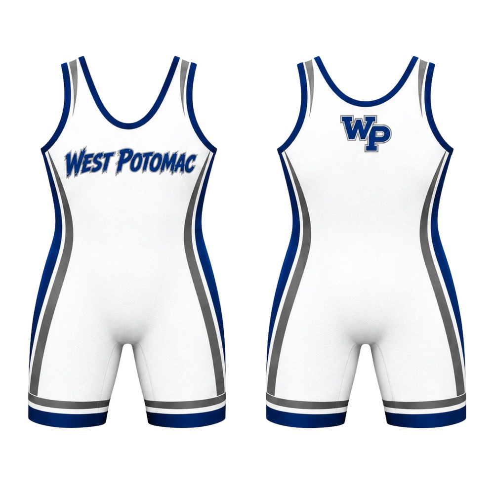 White West Potomac wrestling singlet, front and back