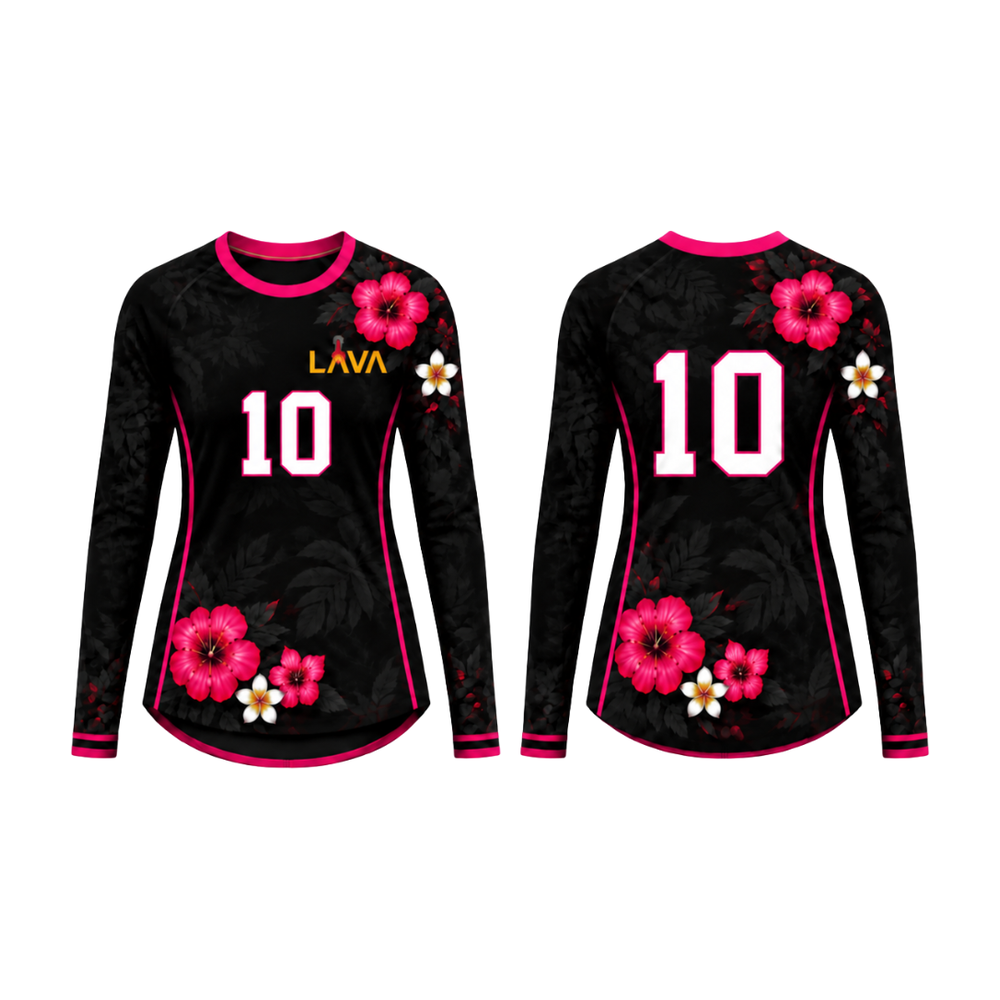 Ember Hibiscus Long Sleeve Jersey — Living Aloha Volleyball, front and back views