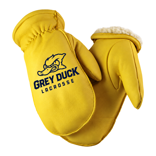 Grey Duck Deerskin Sherpa-Lined Chopper Gloves — Laser Engraved — one pair, tan