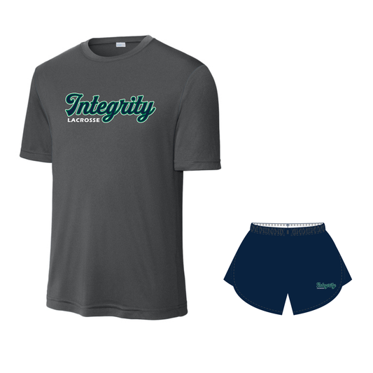 Integrity Lacrosse Practice Pack with Sport-Tek practice tee and navy practice shorts