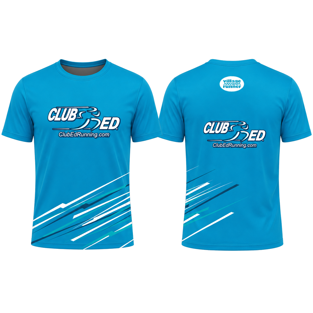 Club Ed unisex sublimated short sleeve shirt in cyan, front and back views