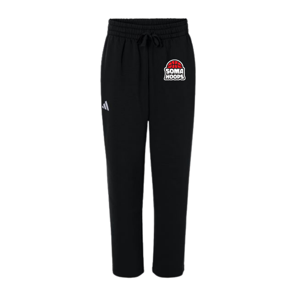 Black and white men's Adidas fleece sweatpants with SOMA Hoops left-thigh decoration