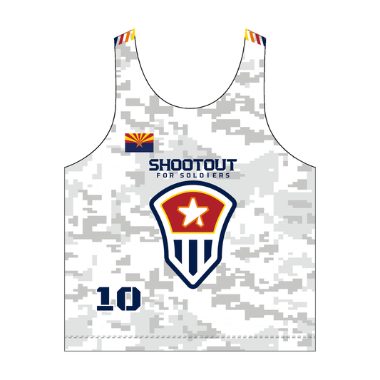 2026 Shootout for Soldiers women’s racerback reversible pinnie, white front view