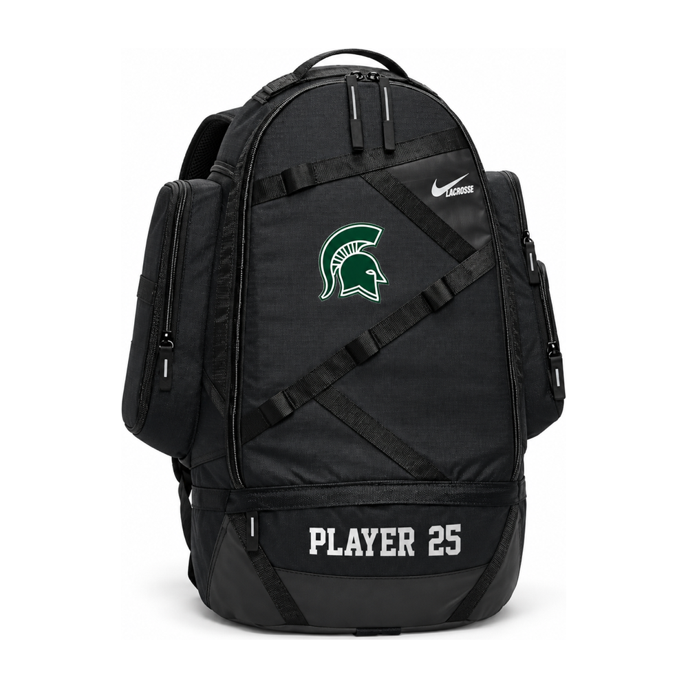 Black Nike Game Day lacrosse backpack with green Skyline Spartan helmet and sample name and number on the front pocket