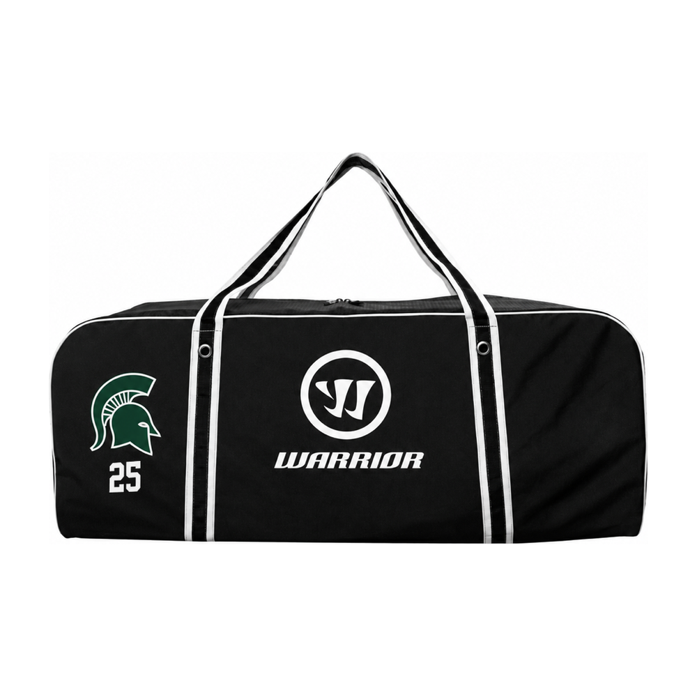 Black Warrior canvas duffle with green Skyline Spartan helmet and sample number beneath the logo