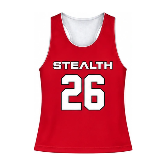 Stealth Lacrosse women’s racerback reversible pinnie, red side front with player number