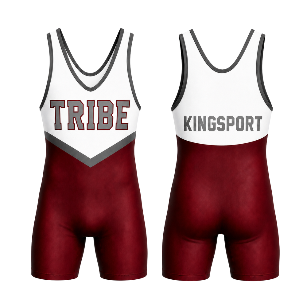 Tribe Wrestling Club Cliff Keen full-back singlet, maroon white and gray, front and back