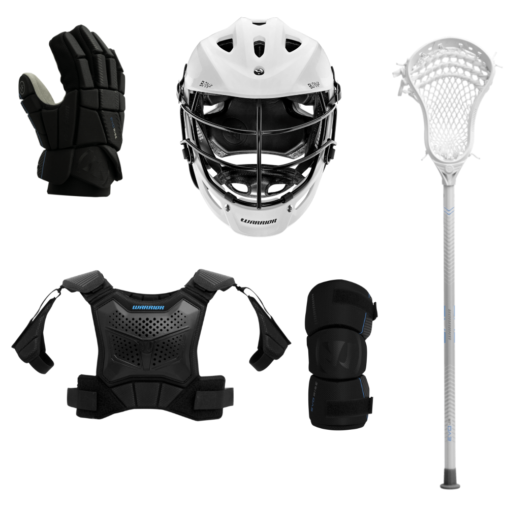 Warrior youth 5-piece starter kit with white stick, gloves, arm pads, shoulder pads and white helmet