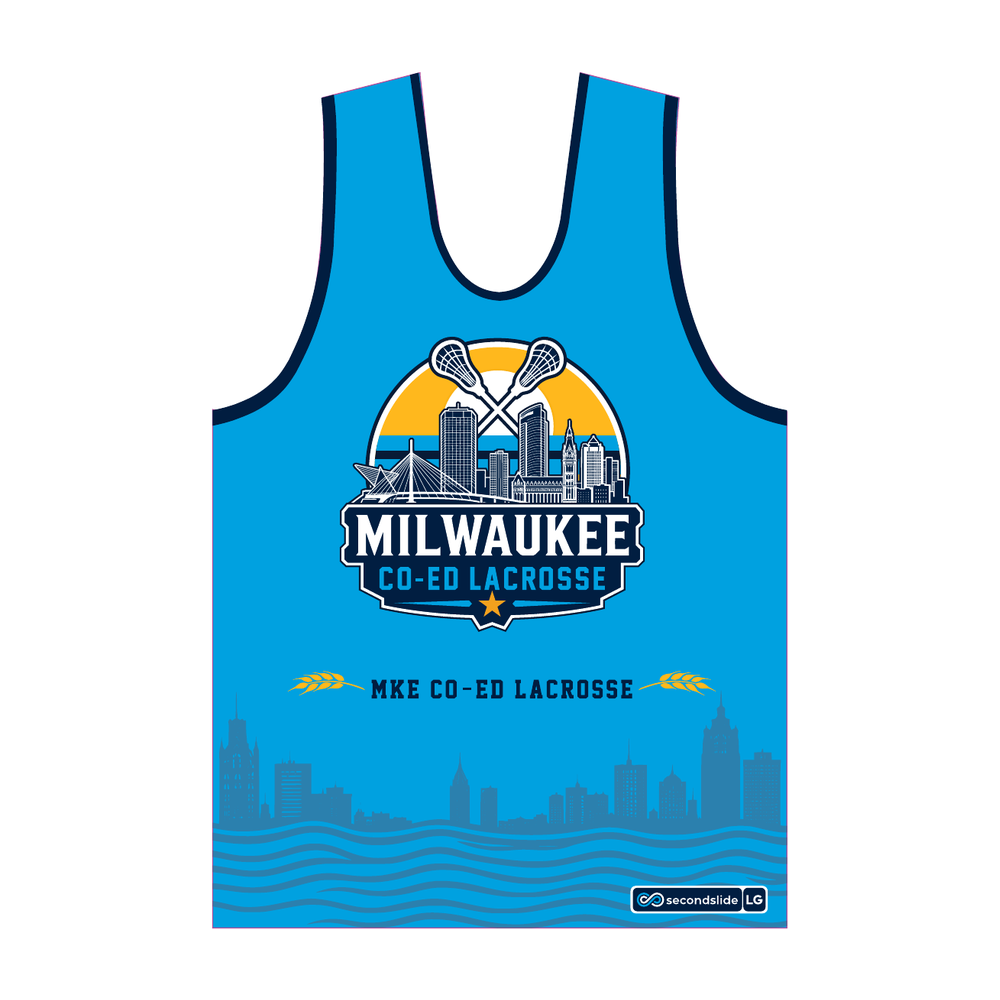 Milwaukee Coed Lacrosse Men's/Unisex Reversible Pinnie - White / Electric Blue - electric blue side front