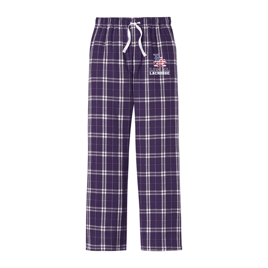 Adult Los Al Lacrosse District Flannel Plaid Pants — Flag Logo in Purple/ White — front view