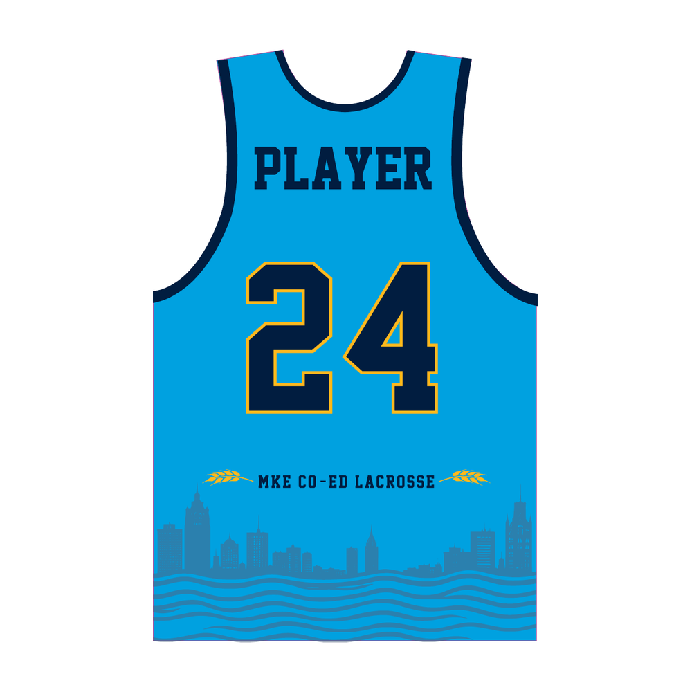 Milwaukee Coed Lacrosse Men's/Unisex Reversible Pinnie - White / Electric Blue - electric blue side back