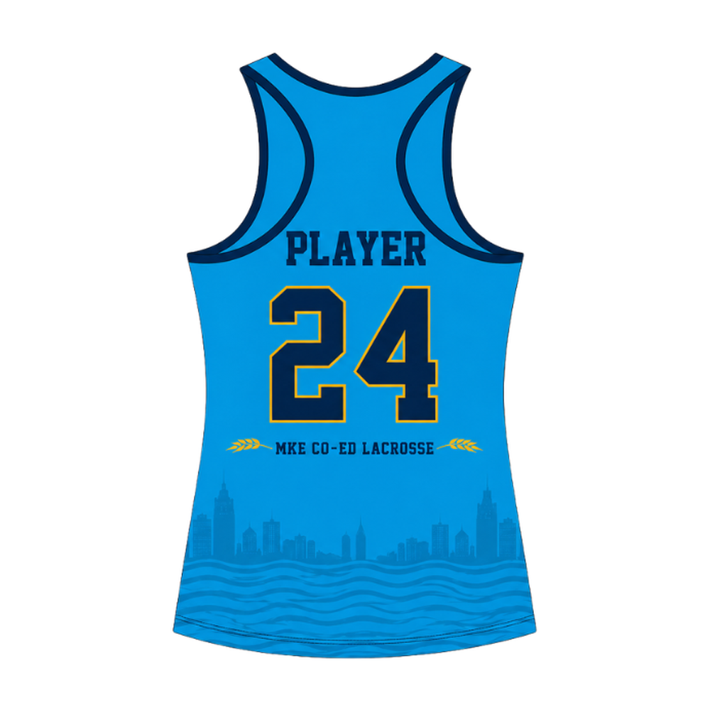 Milwaukee Coed Lacrosse Women's Racerback Reversible Pinnie - White / Electric Blue - electric blue side back