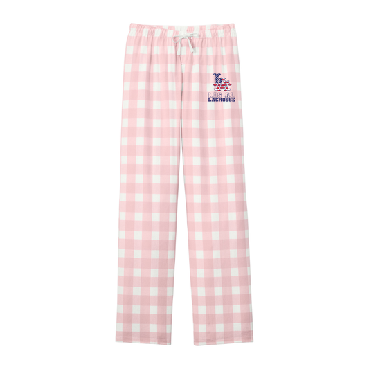 Women’s Los Al Lacrosse District Flannel Plaid Pants — Flag Logo in Light Pink/ White Buffalo Check — front view