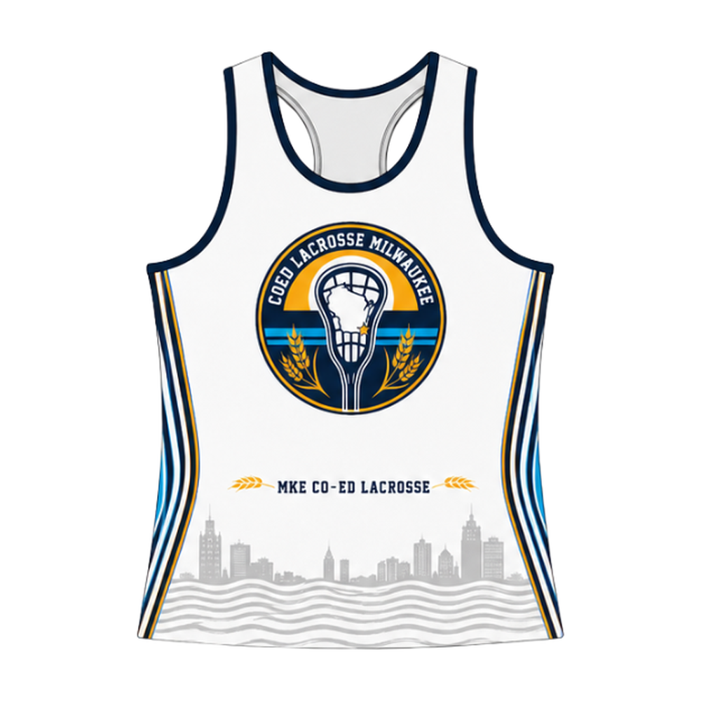 Milwaukee Coed Lacrosse Women's Racerback Reversible Pinnie - White / Deep Royal - white side front