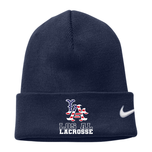 Los Al Lacrosse Nike Team Cuffed Beanie — Flag Logo in College Navy — front view