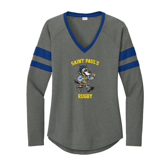 Women's St. Paul's Rugby Sport-Tek Halftime Stripe V-Neck LS