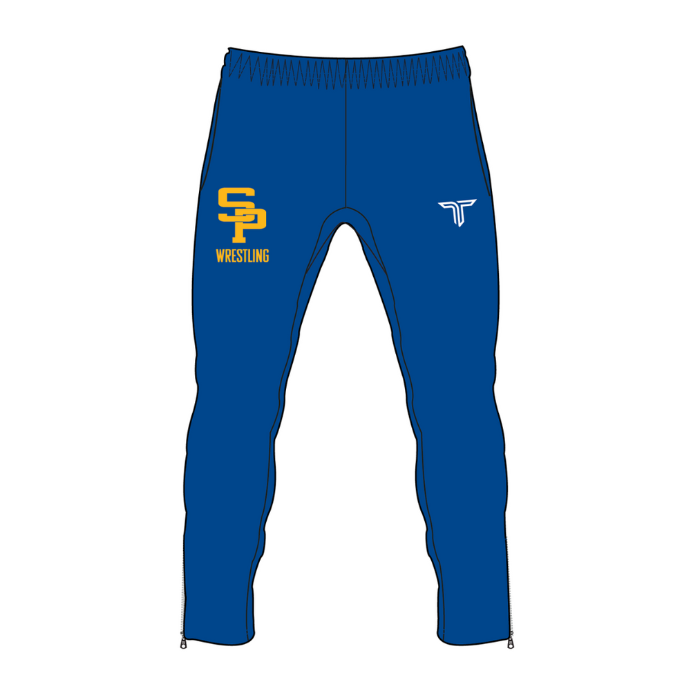 Saint Paul's Wrestling royal side-zip joggers, front and back
