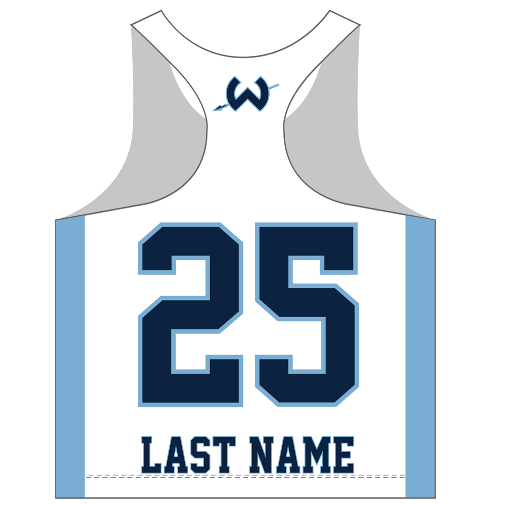 White Wilton High School lacrosse pinnie back with player name and number