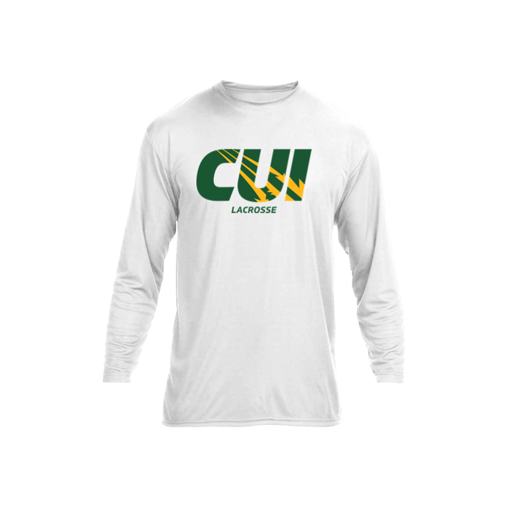 White adult CUI Lacrosse A4 performance long-sleeve T-shirt, front view