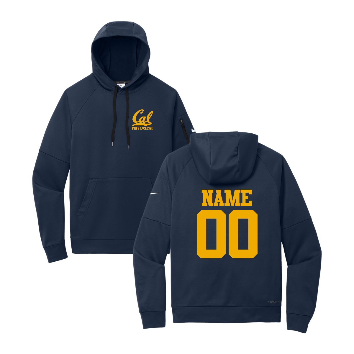 Personalizable - Adult Cal Lacrosse Nike Therma-FIT Pocket Pullover Fleece Hoodie