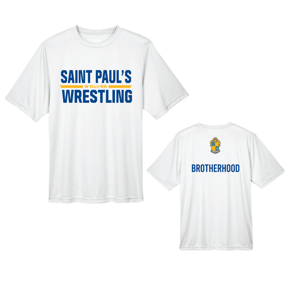 Saint Paul's Wrestling white performance T-shirt, front and back