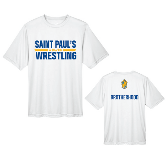 Saint Paul's Wrestling white performance T-shirt, front and back