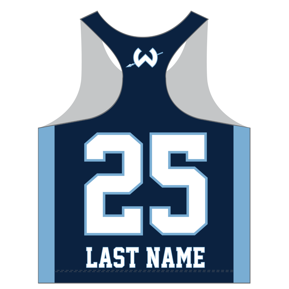 Navy Wilton High School lacrosse pinnie back with player name and number