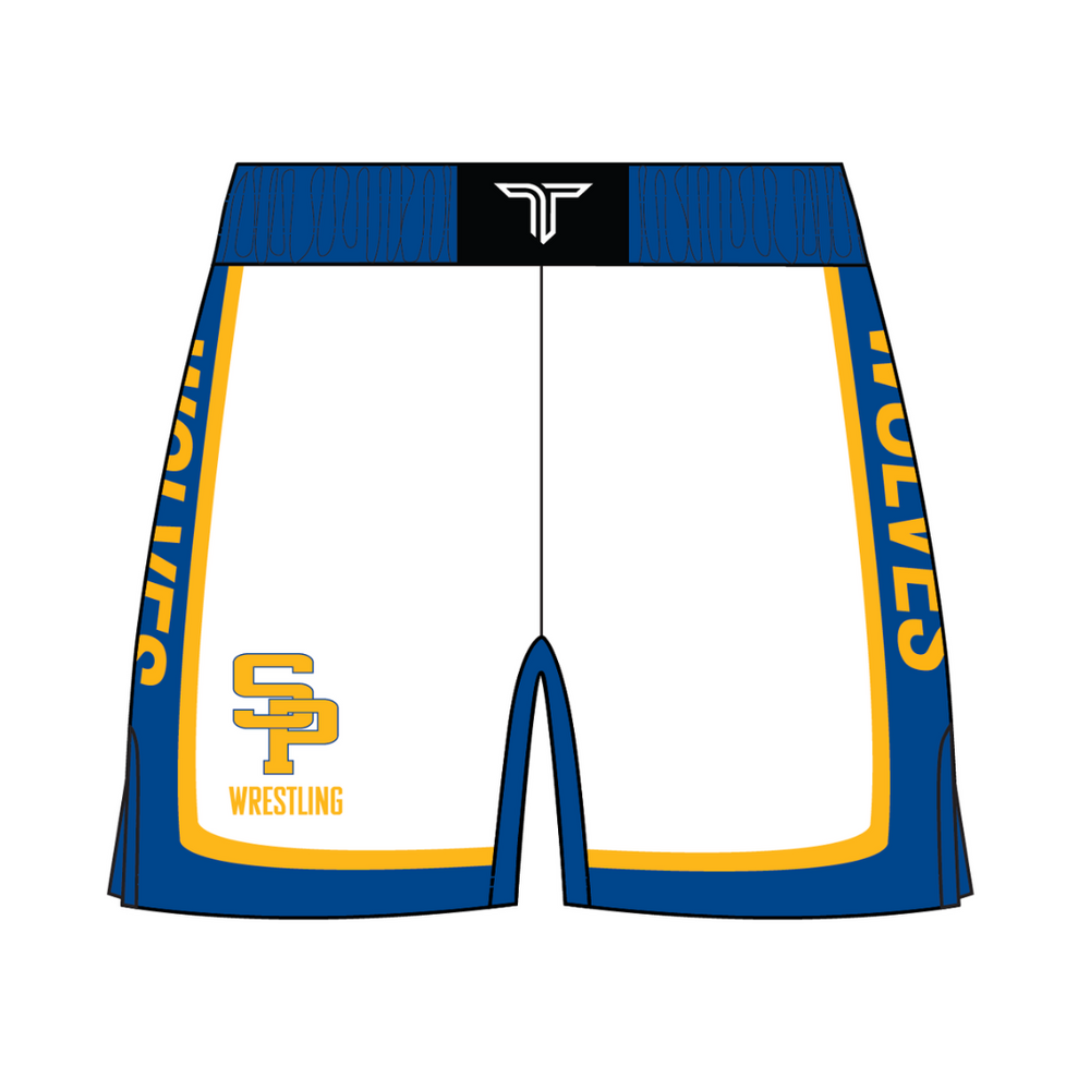 Saint Paul's Wrestling white and royal fight shorts, front and back