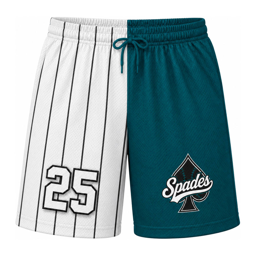 South Bay Spades Sublimated Mesh Shorts — Teal/White Pinstripe