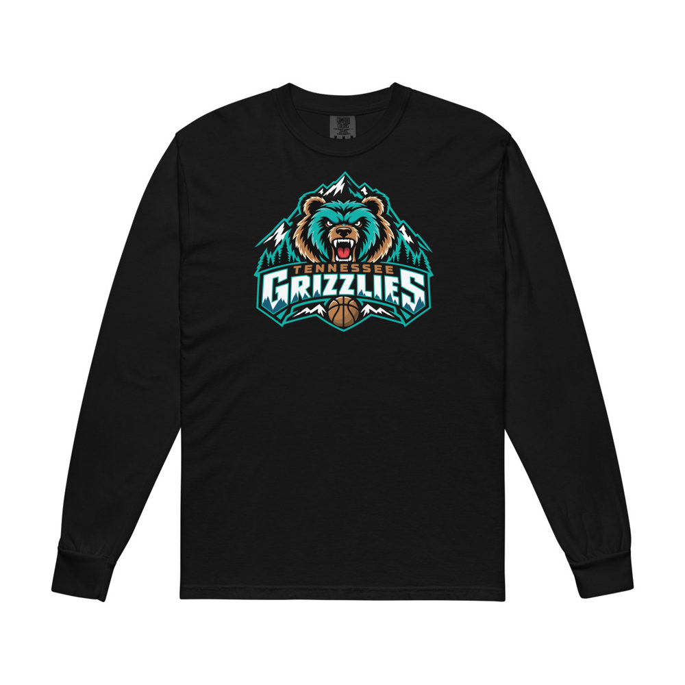 Adult Tennessee Grizzlies Basketball Comfort Colors long-sleeve T-shirt in black with the full-color front logo