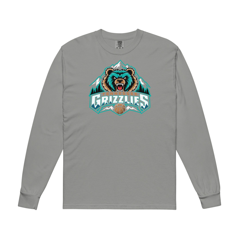 Adult Tennessee Grizzlies Basketball Comfort Colors long-sleeve T-shirt in grey with the full-color front logo