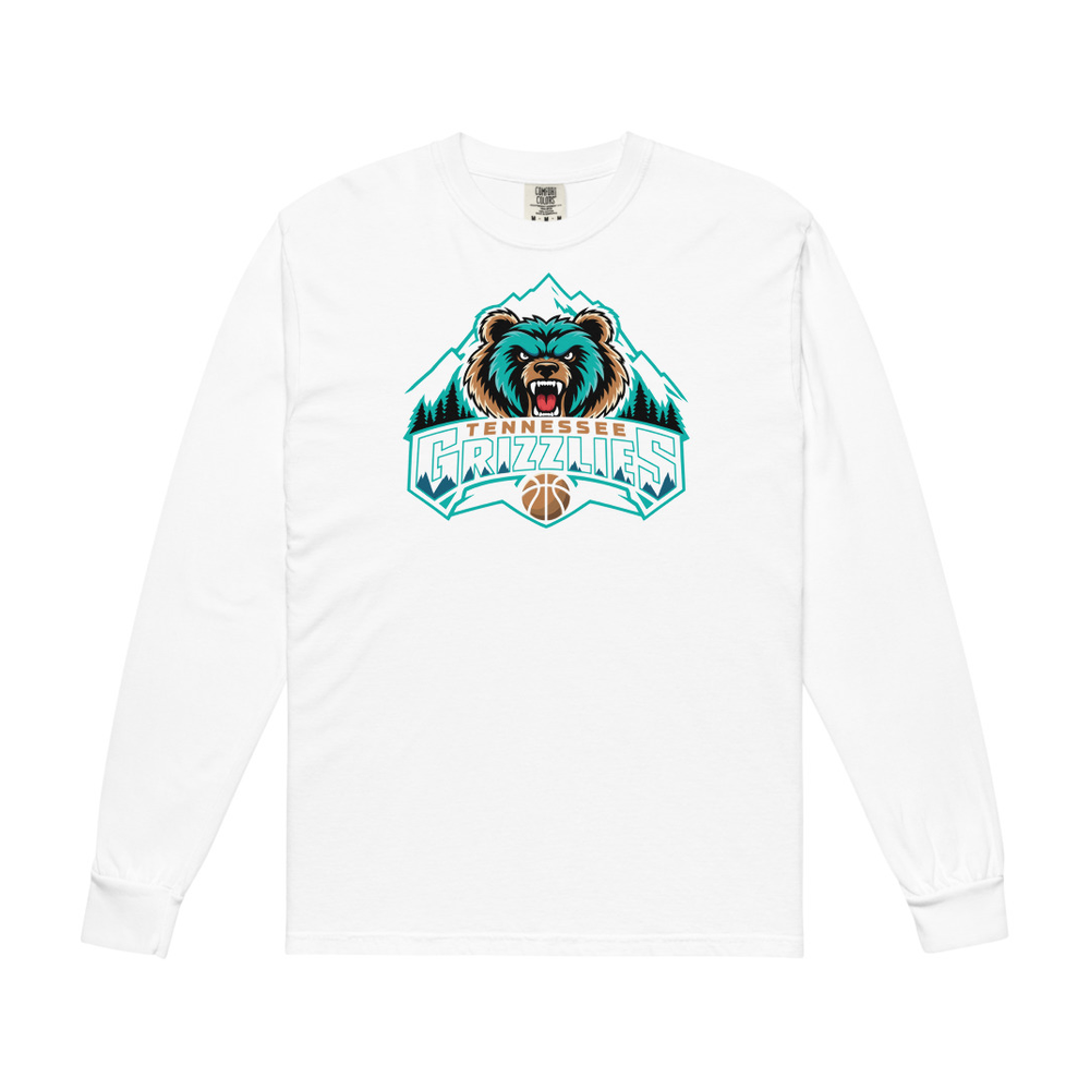 Adult Tennessee Grizzlies Basketball Comfort Colors long-sleeve T-shirt in white with the full-color front logo