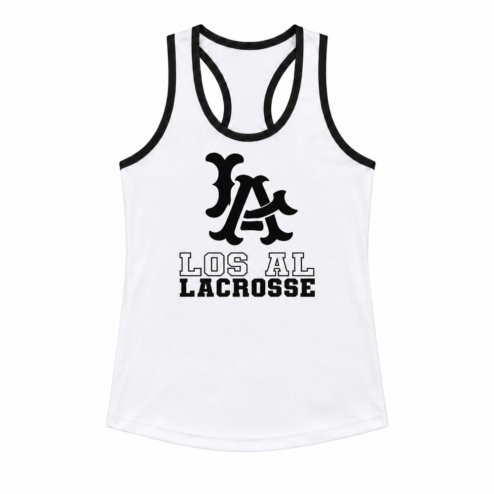 Los Al Lacrosse women’s racerback reversible pinnie — white front, solid black LA logo